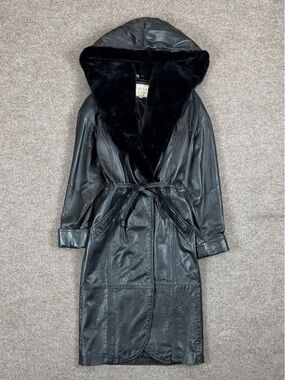 Vintage Braefair Leather Long Black Tie Waist Fur Trim Hooded Coat Women’s Small